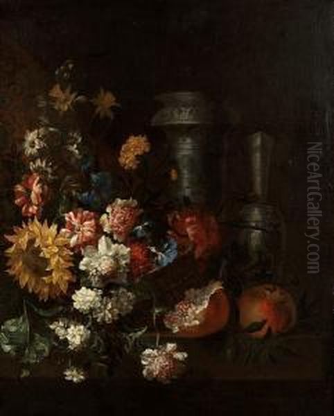 A Basket Of Carnations, Morning 
Glory, Peonies And A Sun Flower With Two Oriental Blue And White Vases 
And Pomegranates On A Wooden Table Oil Painting by Jean Baptiste Belin de Fontenay