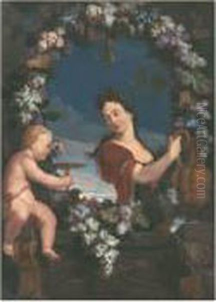 Femme A Mi-corps Tenant Une 
Aiguiere Et Putto Pressant Une Grappe Devant Une Balustrade De Pierre 
Ornee D'une Guirlande De Raisins Oil Painting by Jean Baptiste Belin de Fontenay