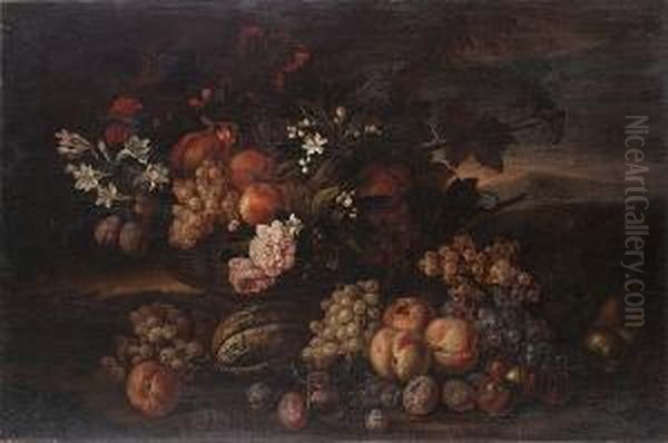 Peaches, Grapes, Pomegranates 
And Plums With Roses, Carnations And Other Flowers In A Basket Oil Painting by Jean Baptiste Belin de Fontenay