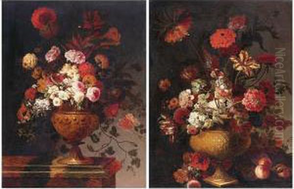 Still Lifes Of Of Flowers In Elaborately Carved Vases: A Pair Of Paintings Oil Painting by Jean Baptiste Belin de Fontenay