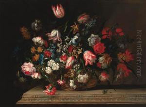 Tulips, Narcissi, Daffodils, 
Hyacinths, Carnations, Anemones, Bluebells, Morning Glory And Other 
Flowers In A Gilt Urn, On A Carved Ledge Oil Painting by Jean Baptiste Belin de Fontenay