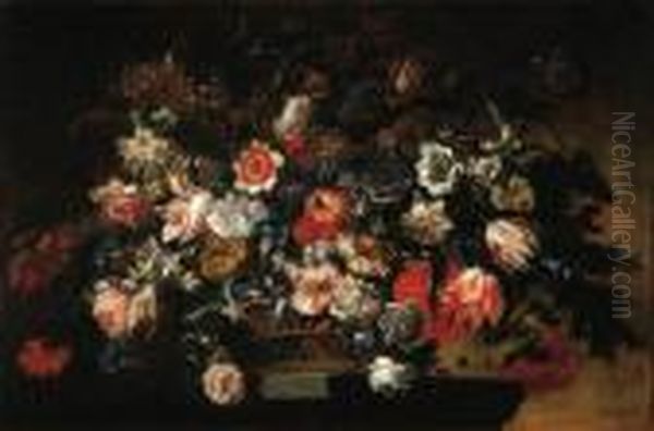 Parrot Tulips, Carnations, Daffodils And Other Flowers In A Basketon A Pedestal Oil Painting by Jean Baptiste Belin de Fontenay