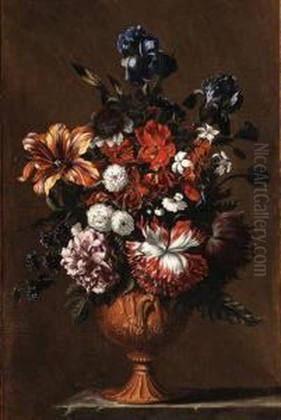 Irises, A Tulip, A Poppy, A 
Rose, Jasmine And Other Flowers In Asculpted Urn On A Stone Ledge--in A 
Painted Wooden Surround Oil Painting by Jean Baptiste Belin de Fontenay