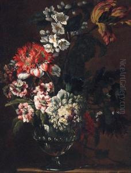 Carnations, Stocks, Dahlias And A Parrot Tulip In A Glassvase Oil Painting by Jean Baptiste Belin de Fontenay