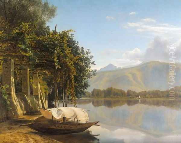 Lake Lugano at Pont Tresa (Lugano søen ved Pont Tresa) Oil Painting by Janus Andreas Bartholin La Cour