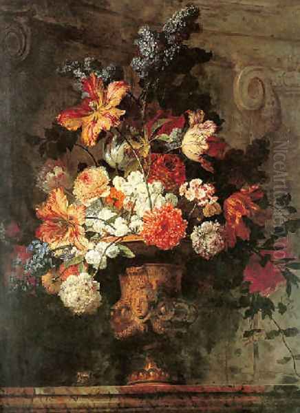 Still life of flowers in a gold vase resting on a marble ledge Oil Painting by Jean Baptiste Belin de Fontenay