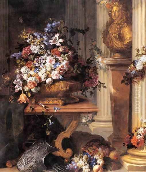 Flowers in a Gold Vase, Bust of Louis XIV, Horn of Plenty and Armour Oil Painting by Jean Baptiste Belin de Fontenay