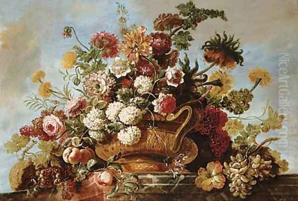 Flowers in a terracotta vase with fruit on a ledge Oil Painting by Jean Baptiste Belin de Fontenay