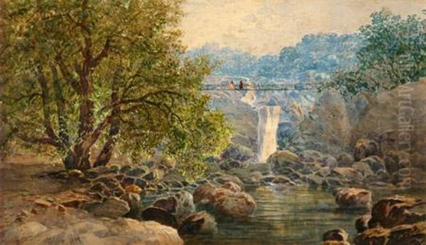 Figures Crossing A Suspension Bridge Above A Rockywaterfall Oil Painting by John Blair