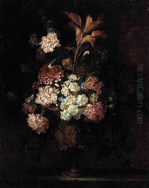 Carnations, morning glories, narcissi and other flowers in an urn on a stone plinth Oil Painting by Jean Baptiste Belin de Fontenay