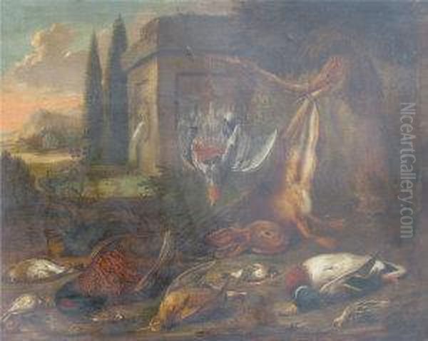 Still Life Study Of Game By A Classical Wall And Fountain With Trees And Lake Beyond Oil Painting by Benjamin Blake