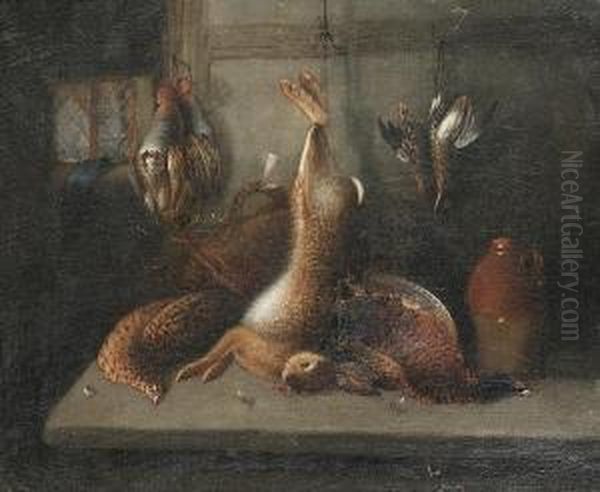 A Hare, Pheasants And Other Game Birds In A Larder; Game Birds And Fish In A Larder Oil Painting by Benjamin Blake