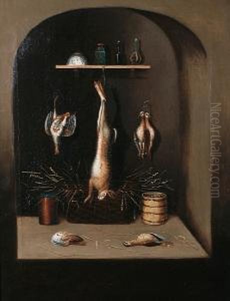 Dead Fowl Hanging From A Rail 
Above A Basket Of Wheat, An Earthenware Jug And Two Other Birds In A 
Stone Niche; And Dead Fowl And Hare Hanging From A Shelf Above A Basket 
Of Wheat And Jars In A Stone Niche Oil Painting by Benjamin Blake