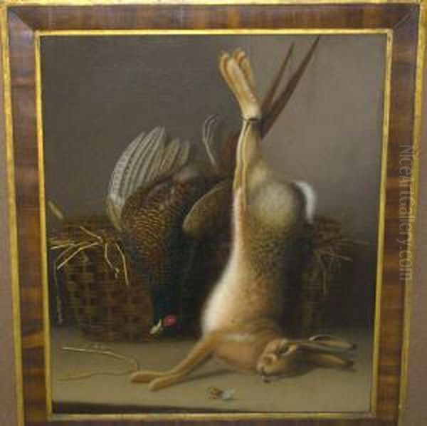 Still Life Of Dead Game With A 
Hare And Cock Pheasant Beside A Basket Oil On Canvas, 76cm By 63.5cm 
*the Picture Is Contained Within A Gilt And Wooden Inlaid Frame Oil Painting by Benjamin Blake