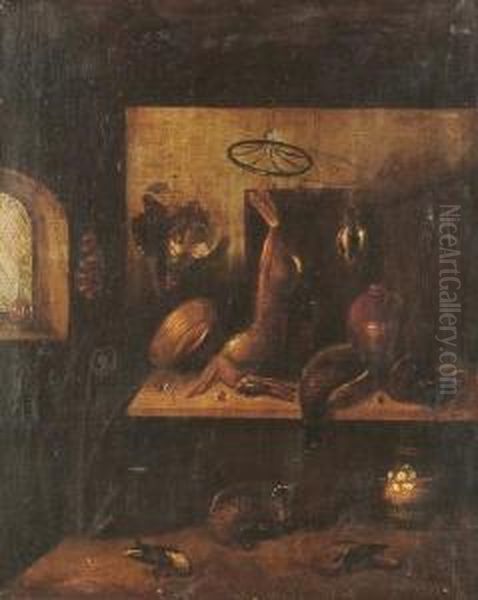 A Kitchen Interior With A Dead 
Hare And Dead Pheasants On A Tabletop With An Earthenware Jar And Copper
 Pan. Oil Painting by Benjamin Blake