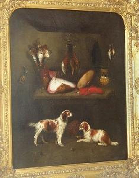 Game Dogs Guarding Fish And Game In A Larder Oil Painting by Benjamin Blake