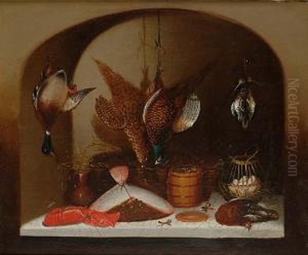 Still Life Of Pheasants, Duck, Woodcock, Eggs, Lobster And A Flatfish In A Larder Oil Painting by Benjamin Blake