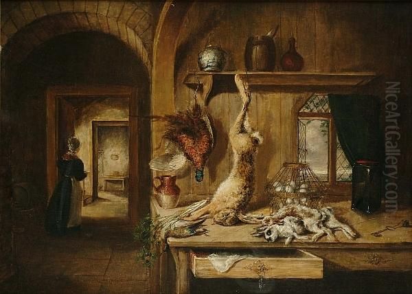 Still Life Of Game In A Larder, With A Maid Passing Through The Door Oil Painting by Benjamin Blake