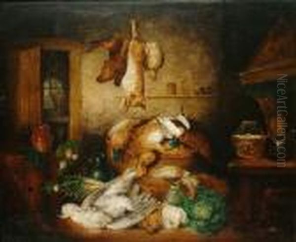 Still Life Of Game, Including Pheasants, Hares, Partridge And Vegetables In A Pantry Oil Painting by Benjamin Blake