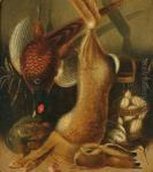 A Hare And Pheasant Hanging, 
With A Snipe, Partridge And Eggs In A Basket Below; Along With Another 
Still Life By The Same Hand Oil Painting by Benjamin Blake