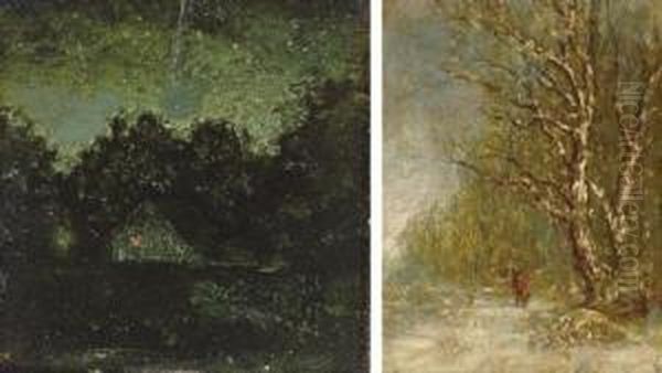 Night; And Winter Forest Scene With Woodcutter: Two Works Oil Painting by Ralph Albert Blakelock