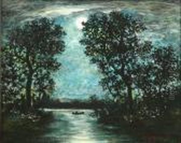 Canoe In Moonlight Oil Painting by Ralph Albert Blakelock