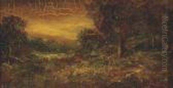 A Wooded Landscape With A Figure On A Path Oil Painting by Ralph Albert Blakelock