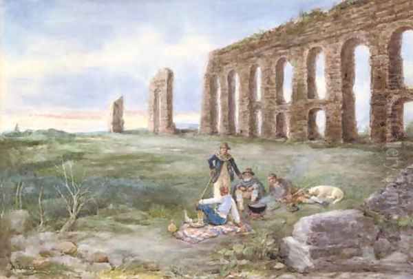 Lunchtime by an ancient aqueduct Oil Painting by A Buzzi