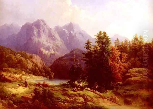 Woodsman And Family In An Alpine Landscape Oil Painting by H. Baumgartner