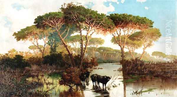 Cattle in the Pontine Marshes Oil Painting by Pietro Barucci