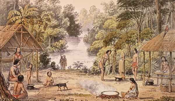 A Settlement on the Upper Pomeroon, Sambura, Guiana- Caribs Crushing Sugar Cane and Making Cassava Bread, from `Indian Tribes of Guiana' Oil Painting by W.H. Brett