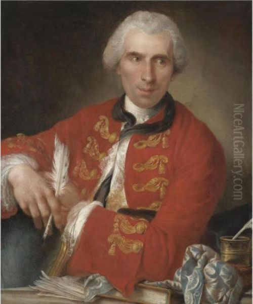 Portrait Of A Gentleman, Half 
Length, Said To Be A Member Of The French Academy In Rome, Seated At His
 Desk, Wearing A Red Coat With White Chemise, Holding A Quill, A Letter 
And A Book In Front Of Him Oil Painting by Louis Gabriel Blanchet