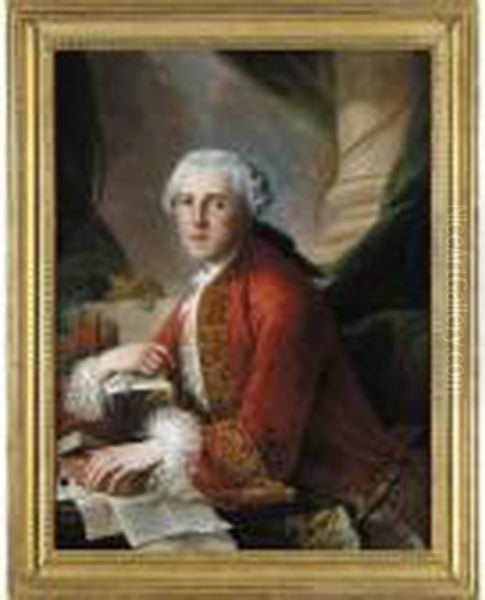 Portrait Of A Gentleman, Half-length, Seated, Wearing A Red Coat And Holding A Book Oil Painting by Louis Gabriel Blanchet