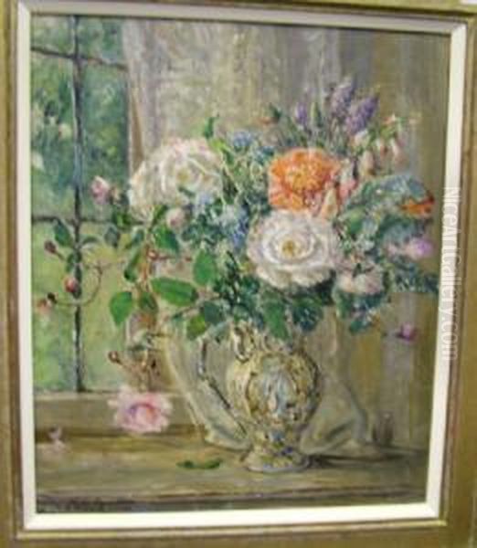 Roses On A Windowsill Oil Painting by Emily Beatrice Bland