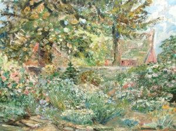 Attributed To Emily Beatrice Bland Nea -- View Of A Garden With Woodland And A Cottage Oil Painting by Emily Beatrice Bland