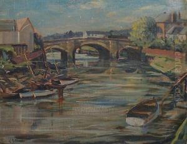 River Scene With Bridge And Boats. Oil Painting by Emily Beatrice Bland