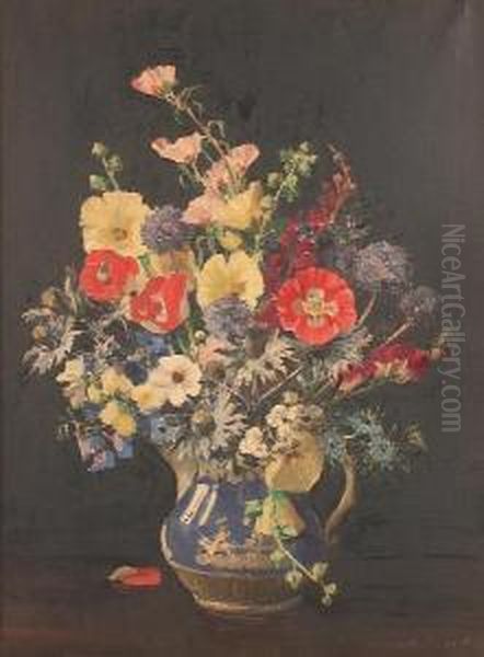 Poppies And Cornflowers In A Blue And White Jug Oil Painting by Emily Beatrice Bland