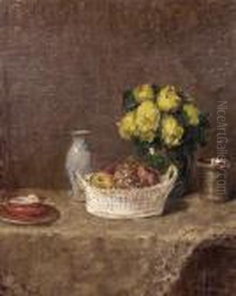 Blumenstilleben Mit Obstschale, Becher, Tasse Und Krug Auf Einemtisch Oil Painting by Wilhelm Blanke