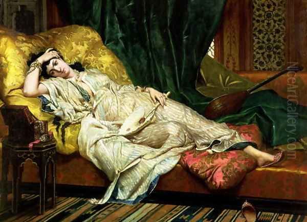 Odalisque with a lute, 1876 Oil Painting by Hippolyte-Dominique Berteaux