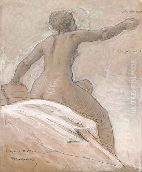 Study of a female nude, seated on a bed, leaning forward Oil Painting by Hippolyte-Dominique Berteaux