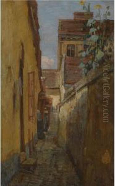 Alter Hof In Vien-erdberg (old Courtyard In Vienna-erdberg) Oil Painting by Tina Blau