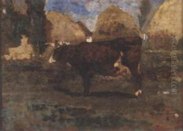 A Cow Standing Beside Hay-ricks Oil Painting by Tina Blau