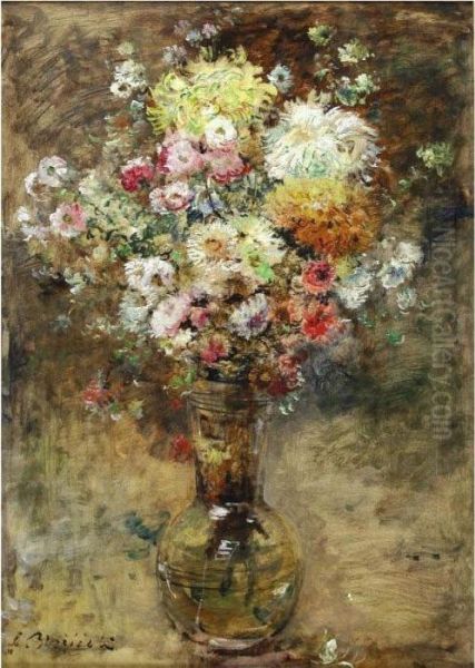 Still Life With Chrisantemums Oil Painting by Oldrich Blazicek