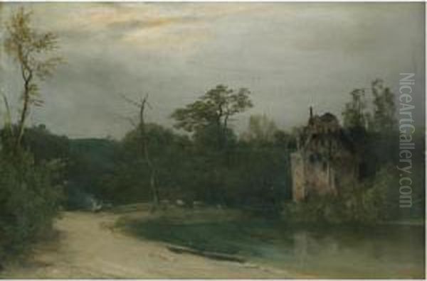 Waldlandschaft Mit Schloss Am Wasser (castle In A Wooded Landscape) Oil Painting by Karl Blechen