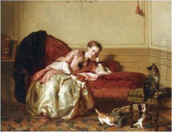 Watching The Kittens Play Oil Painting by David Bles