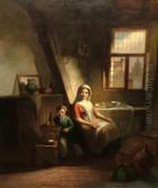 Mother And Child In An Attic With A Cage Ofbirds Oil Painting by David Bles