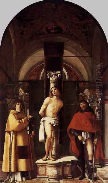 St Sebastian with St Roch and St Lawrence 1500 Oil Painting by Giovanni Buonconsiglio