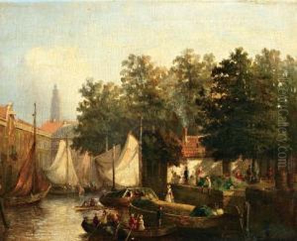 Zonnige Dag In Hollands Havenstadje Oil Painting by Joseph Bles