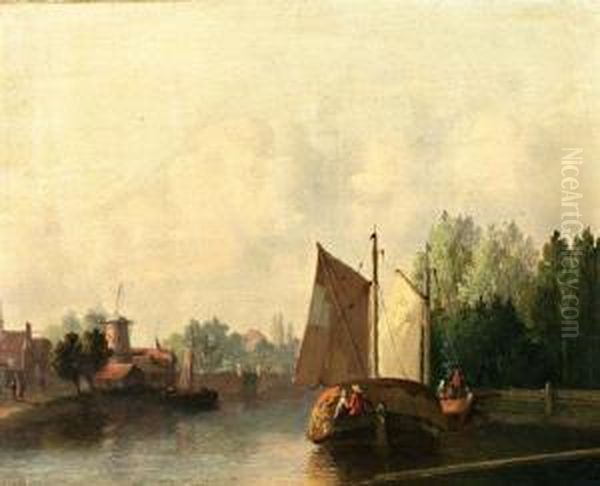 Platbodems Aan De Waterkant Bij Een Molen Oil Painting by Joseph Bles