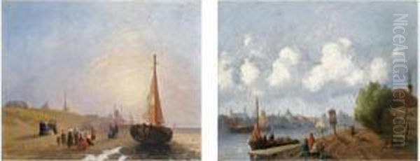 Figures On The Beach, 
Scheveningen; Figures Near A River, A Town In The Distance (a Pair) Oil Painting by Joseph Bles